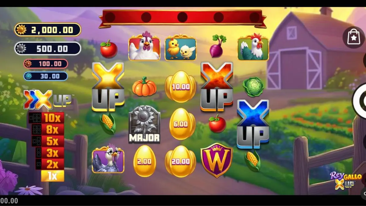 Interface do slot Rey Gallo X UP com tema de fazenda e galo